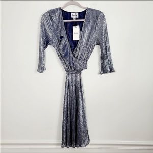 Leota Metalic Silver Ruffle Faux Wrap Belted Mini Dress